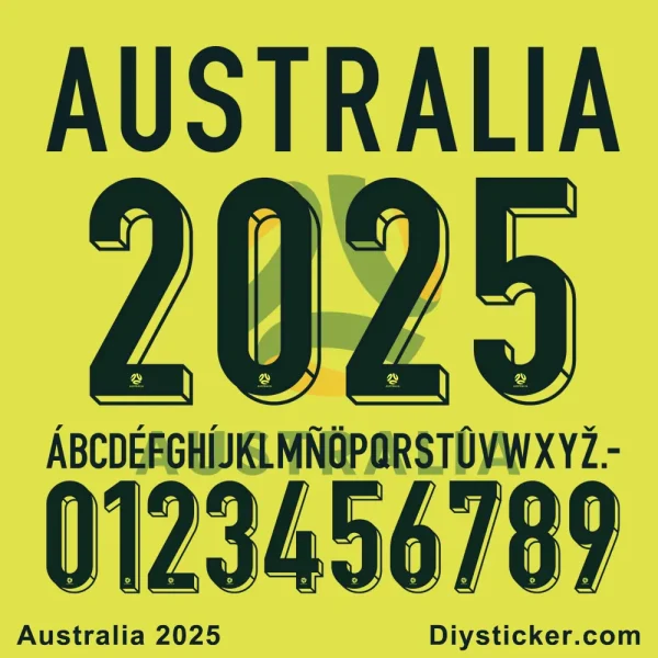 Australia 2025 jersey font display, showcasing numbers and letters.